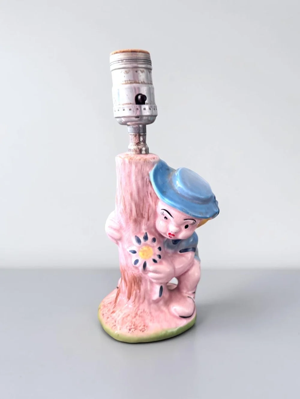 Vintage Ceramic Figural Lamp Base with Boy by Tree